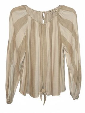 Loveriche Size Small Cream-Tan Stripes Long Sleeve Bohemian Peasant Blouse